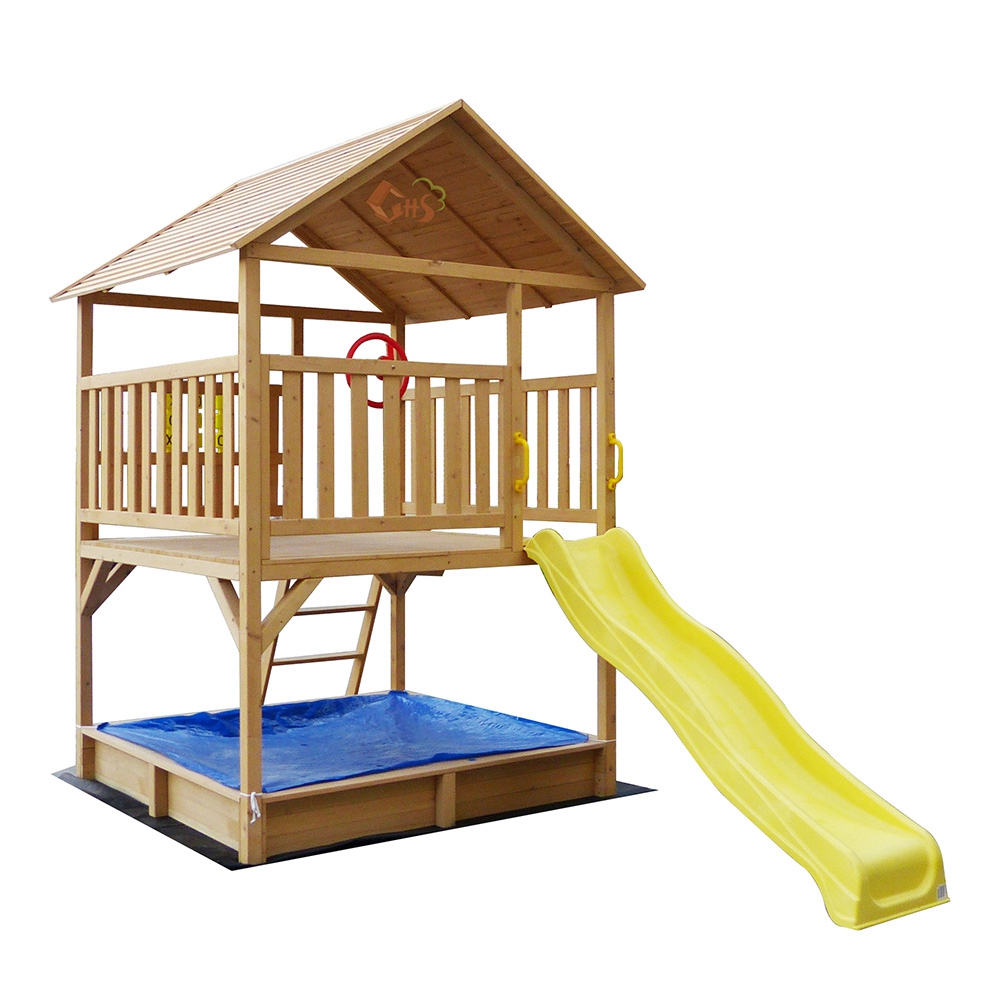 C341 Kids Outdoor Cubby Wooden Playhouse with Slide and Sandbox