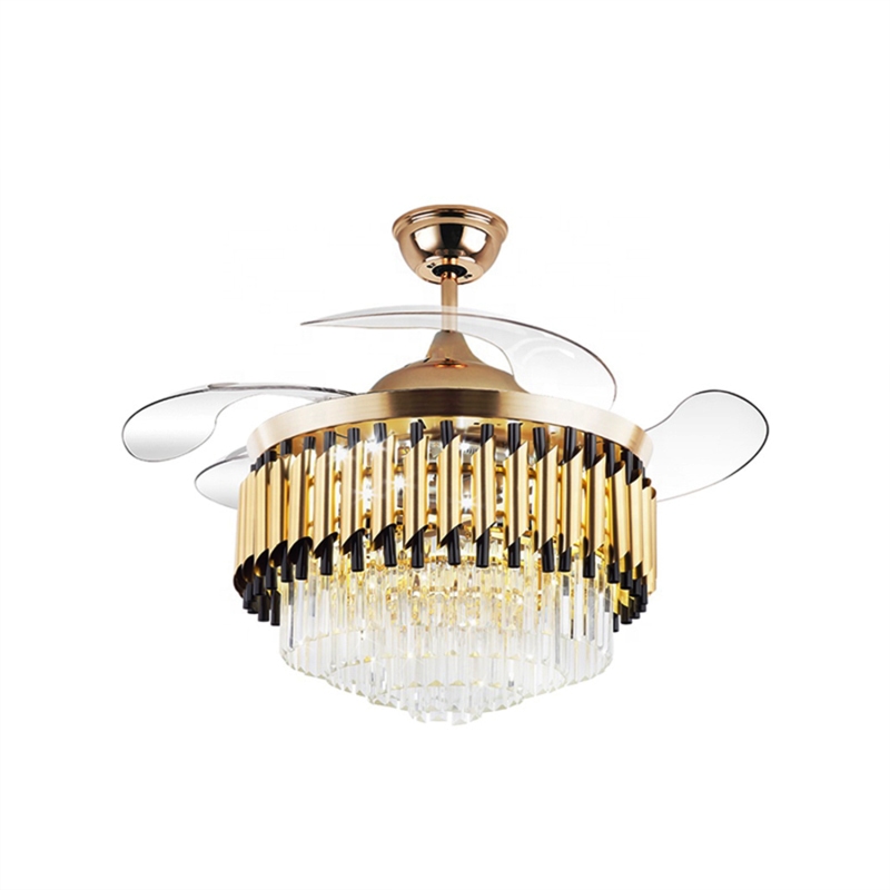 42 Inch Luxury Acrylic Retractable Lampara Ventilador Dc Remote Control Invisible Gold Crystal Chandelier Ceiling Fan Light
