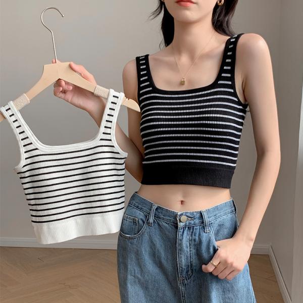 Summer new short horizontal stripes no-wear bra knitted ladies vest with seamless suspenders with chest