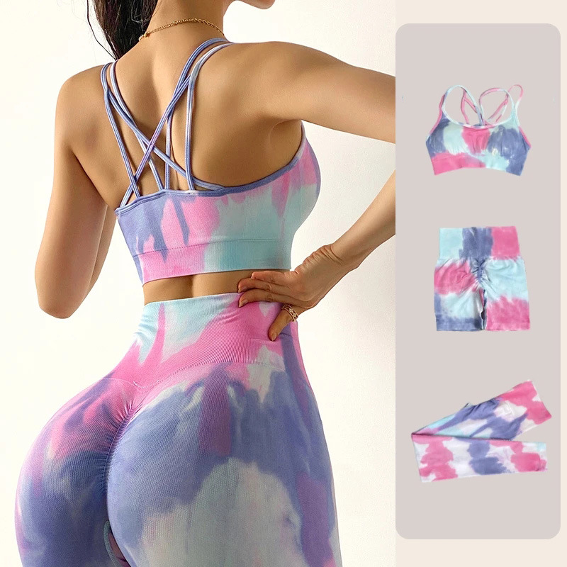 2023 New Yoga Clothes Seamless Tie Dye Sports Suit High Waist Hip Lifting Fitness Pants Double Shoulder Straps Beautiful Back Bra Shorts