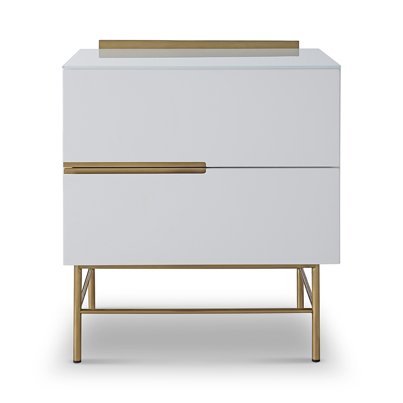 High Quality Modern Luxury Glass White Matt Lacquer Dark Chrome Stainless Steel Frame Bedside Chest of Drawers Wooden Metal Home Bedroom Furniture Manufacturer China Customized Supplier