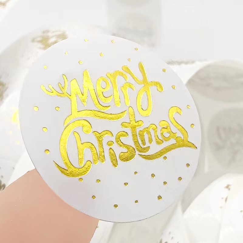 Custom Printing Die Cut Vinyl Waterproof Labels Supplier Merry Christmas Gold Logo Round Cylinder Adhesive Sticker