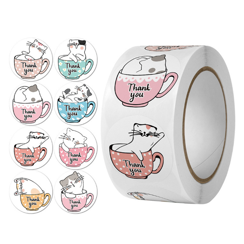 Amazon 500pcs Per Roll Cup Cat Design Thank You Sticker Store Gift Label
