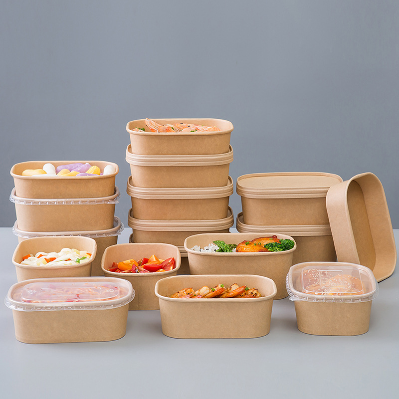 Rectangular Round Corner Take Out Container Salad Fried Rice Kraft Paper Lunch Food Packaging Boxes