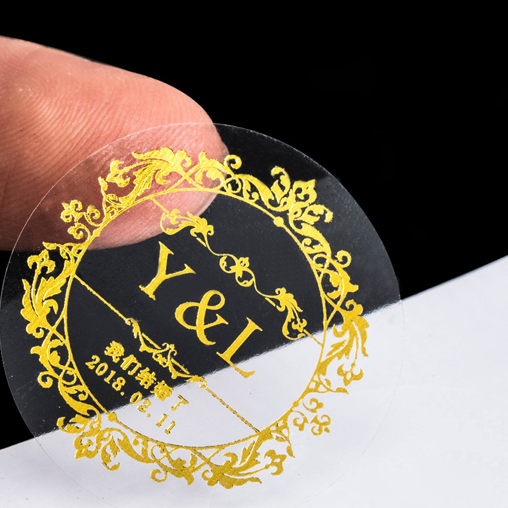 Custom Printing Hot Stamping Clear Gold Foil Transparent Logo  Wedding Label Stickers