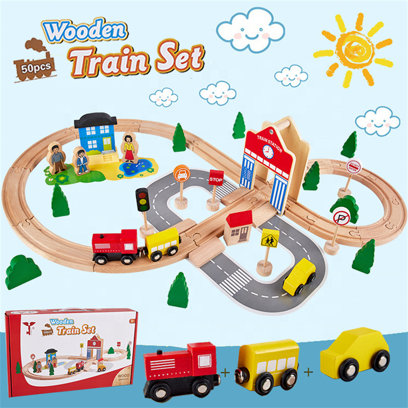 Little Room Wooden educational train slot toy wholesale 50pcs of large track toy set