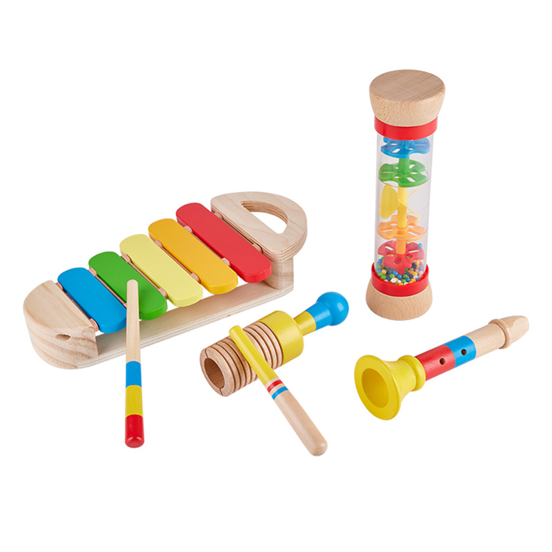 Little Room 6 Pieces Bead Educational Wooden Percussion Kids Rainbow Color Musical Instruments Toy Set for simulation Baby Early Flute Drums