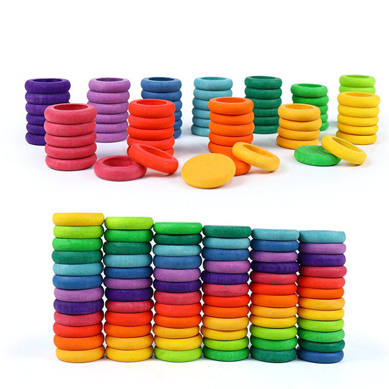 Little Room 72pc/set Beech Rainbow Coins and Rings Stackable Blocks Nature Loose Parts Creative Baby Rainbow Stacking Toy