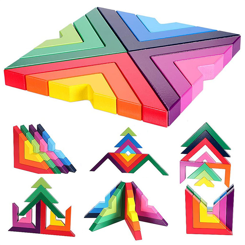 Little Room Geometric Shapes Rainbow Wood Stacking Wooden Stacker Toy Building Blocks For Kids