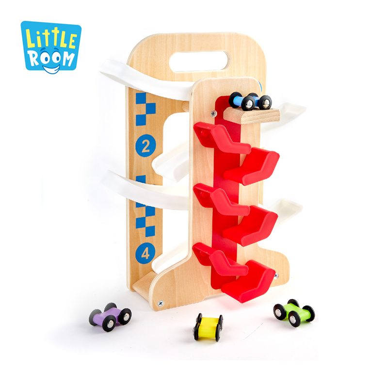Wooden Toddler Toy Switchback Racer Set, Car Ramp Racer Toys with 4 Mini Cars