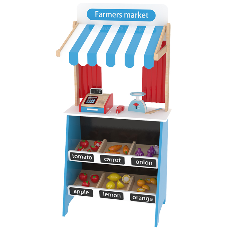 Little Room Farmers Shopping Market | Wooden Play Shop for Kids, Novelty Children’s Set with Accessories – Shelf, Scanner, Calculator + Card Reader for Ages 3+