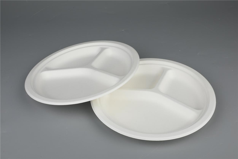 9"/10" 3-Compartment Round Plates Biodegradable Sugarcane Bagasse Tableware 