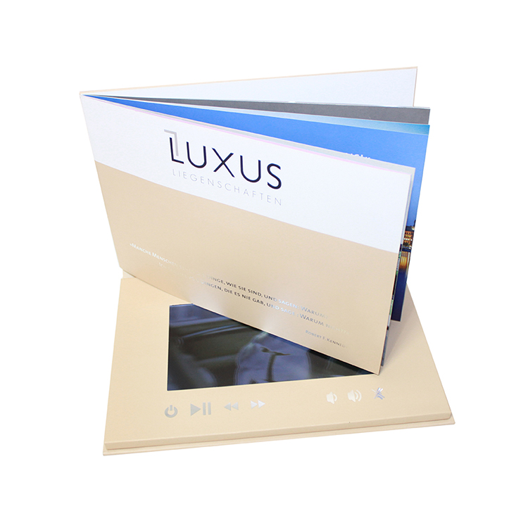 LUXUS A5 standable multipage CMYK Printing Video Booklet brochure, Rechargeable Lcd Video Mailer For Commercial