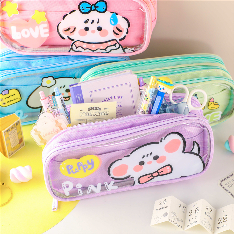 MK-7618 Transparent Stationery Pockets Double Layers Multi-functional Pen Bag Pencil Bag