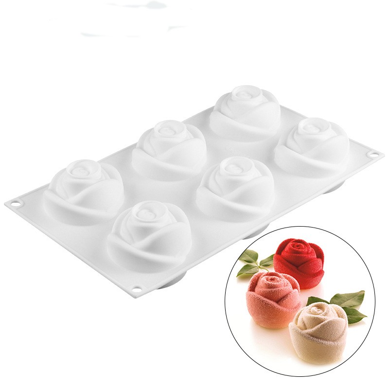 Amazon Best Sell 6 Holes 3D Rose Mold Mousse Silicone Mold Cake Mould French Dessert Chocolate Mold B7-87