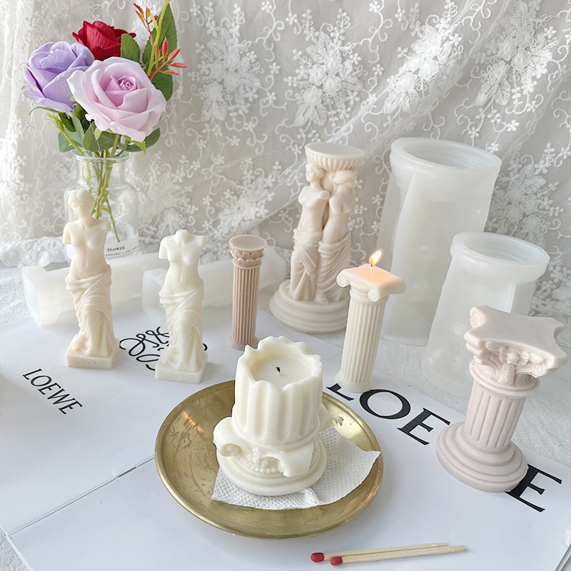 J19 DIY Vintage Venus Goddess Aromatherapy Crafts Candle Mould Handmade Statue Roman Column Silicone Mold
