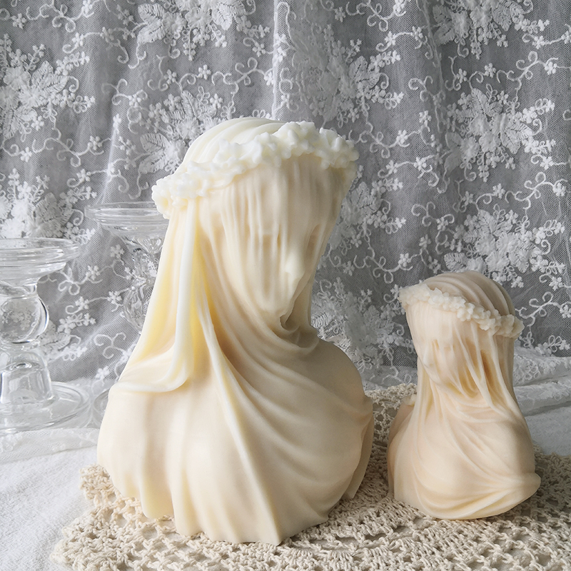J1157 Handmade Art Sculpture Female Bride Bust Silicone Mould Large Size Veiled Lady Statue Candle Silicone Mold