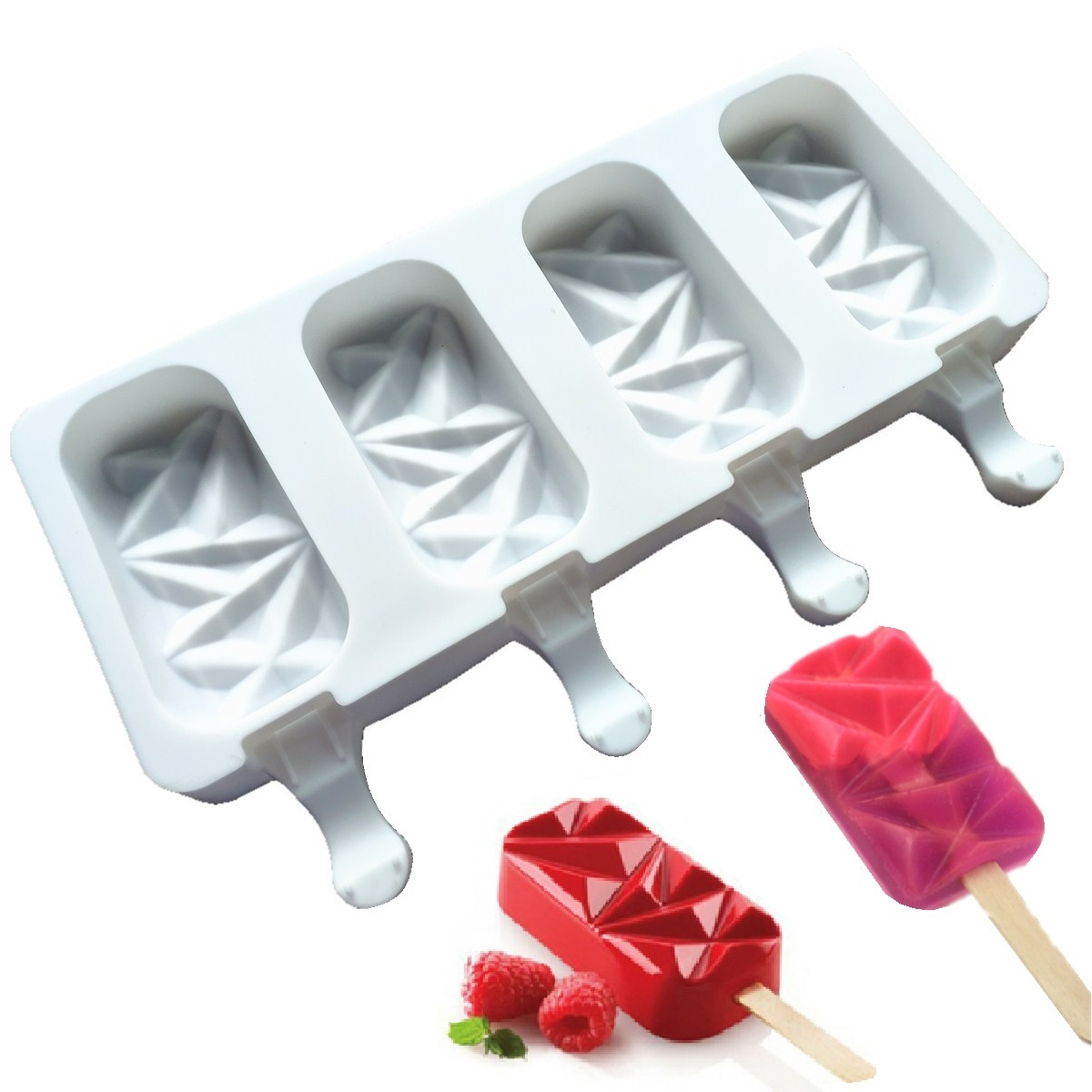 4 Cell New Big Diamond Lolly Ice Cream Block Silicone Mold Freeze Ice Pop Maker Popsicle Barrel DIY Mould Dessert Mold Tools