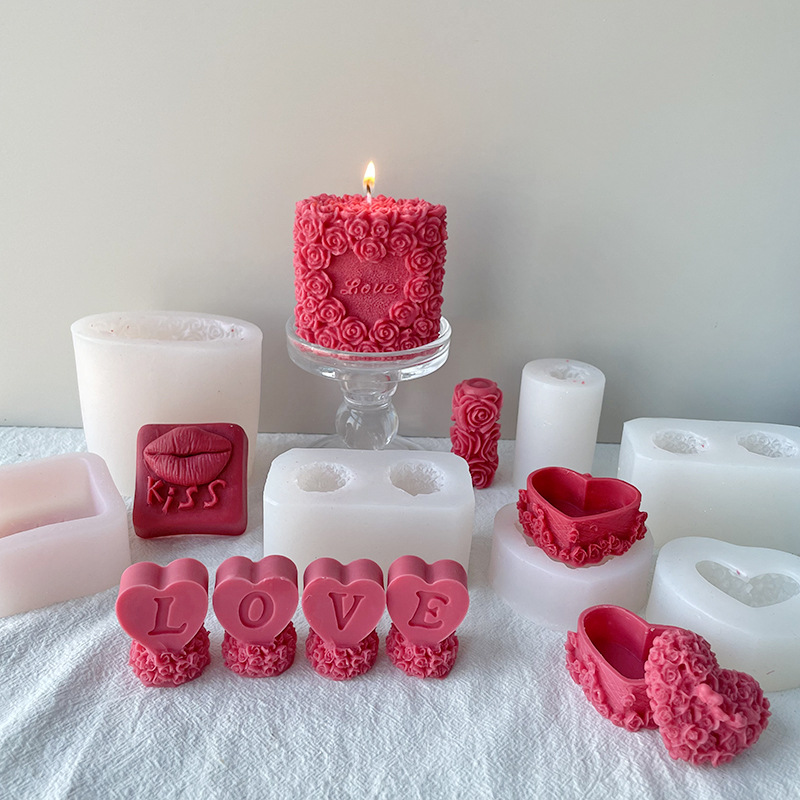 J6-26 Valentines Day Couple Gift DIY Aromatherapy  Chocolate Mold Candle Making Love Heart Red Lips Rose Candle Silicone Mold