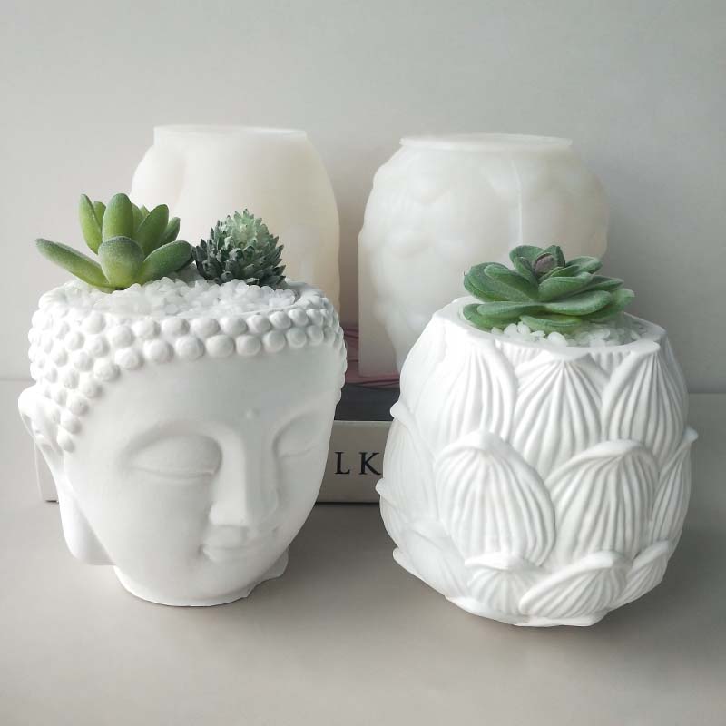 J2108 Concrete Flower Pot Silicone Mold DIY Resin Buddha Head Lotus Candle Holder Flowerpot Silicone Mold