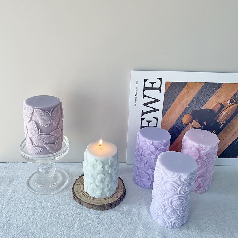 J1167 DIY Aromatherapy Gypsum 3D Relief Cylindrical Candle Mould Flower Butterfly Waves Cylindrical Aroma Candle Mold