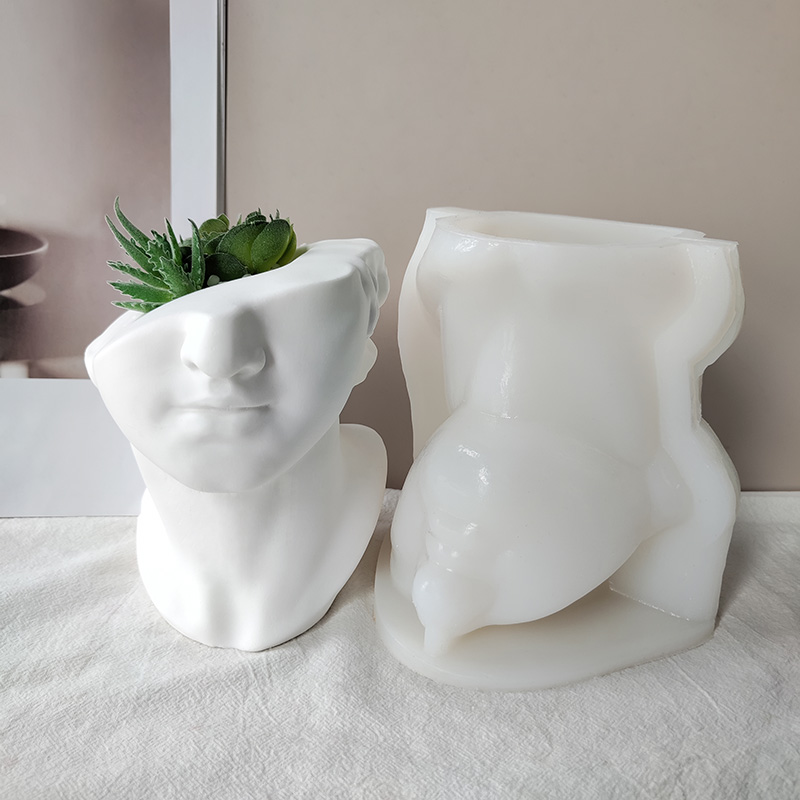J2119 DIY Handmade Decoration Artist Sculpture Plaster Pot Mould 3D Half Face David Head Silicone Flowerpot Mold