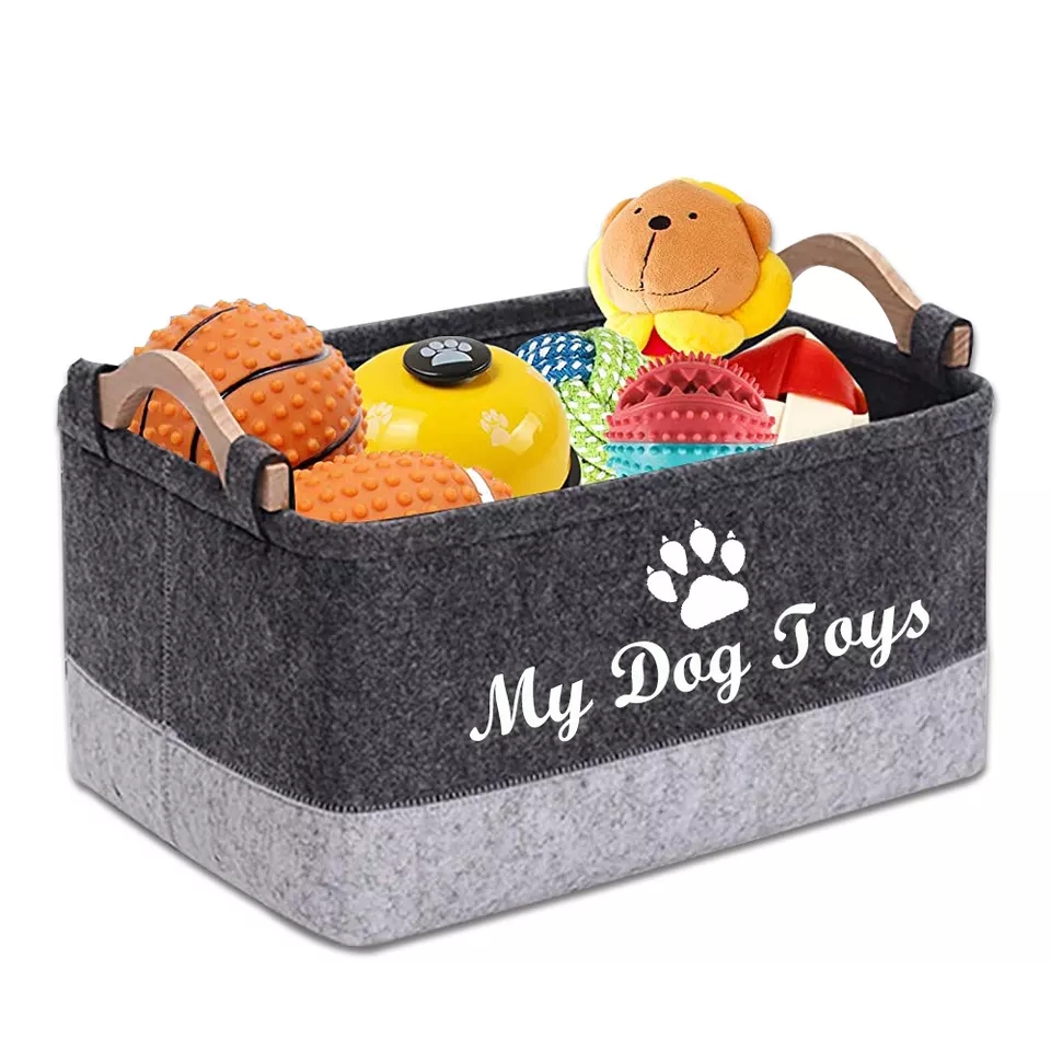 Chinese custom 2 tone grey rectangular felt pet dog toy box storage basket with wooden handle