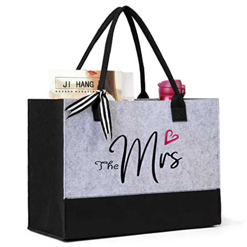JI HANG Felt Initial Tote with inner bag personalized gift Teacher Mother Beach Tote Wedding Party