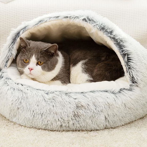 Pet Supplies Distributor Self-Heating Round Semi-Closed Cat Cave Bed With Super Soft Plush For Keeping Warm