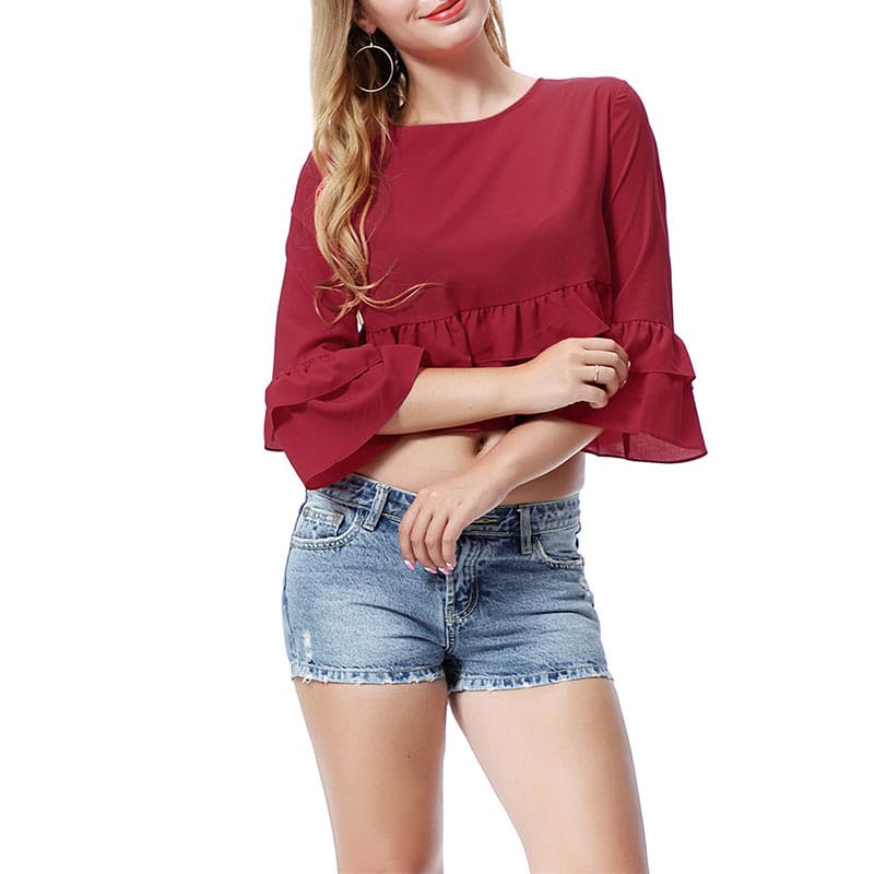 Womens Tshirts Loose Fit Crew Neck 3/4 Ruffle Sleeve Summer Casual Crop Tops