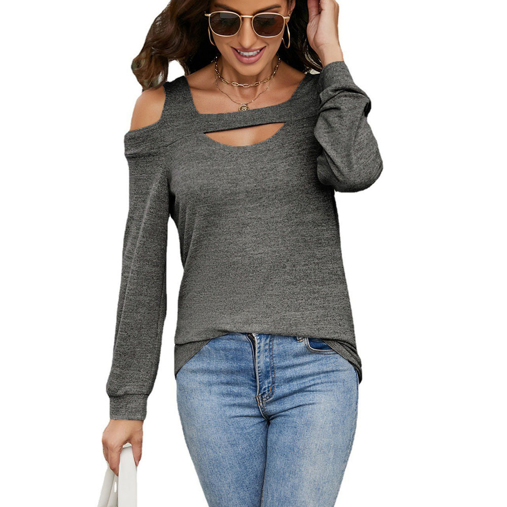 Women's Summer Shirts Scoop Neck Cold Shoulder Tops Blouse Casual Long Sleeve Pullover