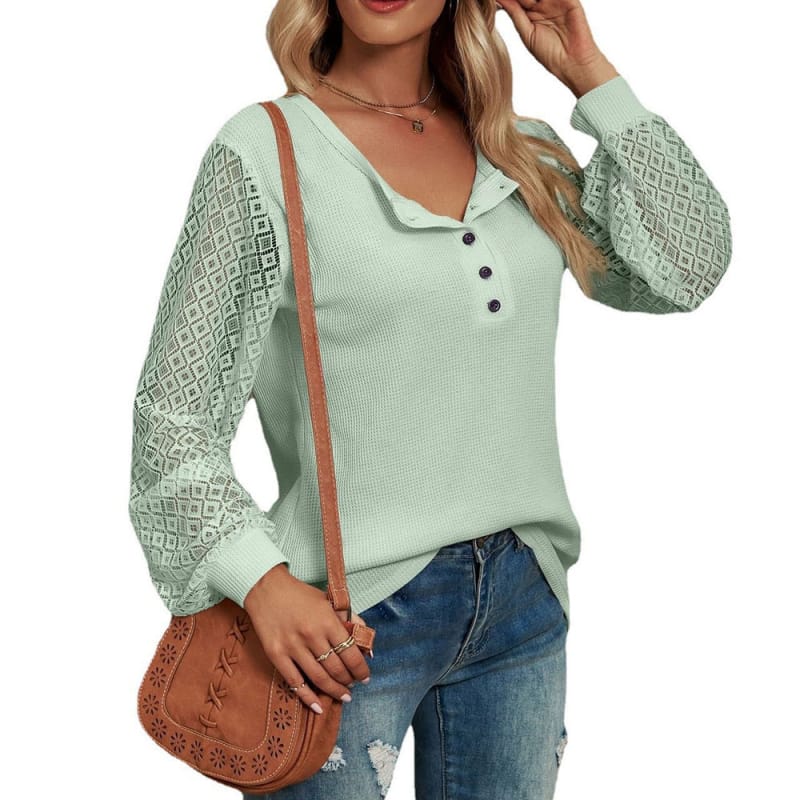 Women's Long Lace Sleeve Polo Loose Casual Button Crewneck Tops Blouses