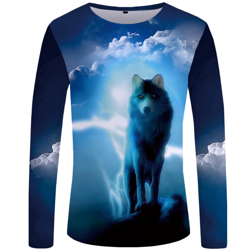 Mens Tops Fashion 3D Wolf Animal Printed Casual Round Neck Long Sleeve Pullover