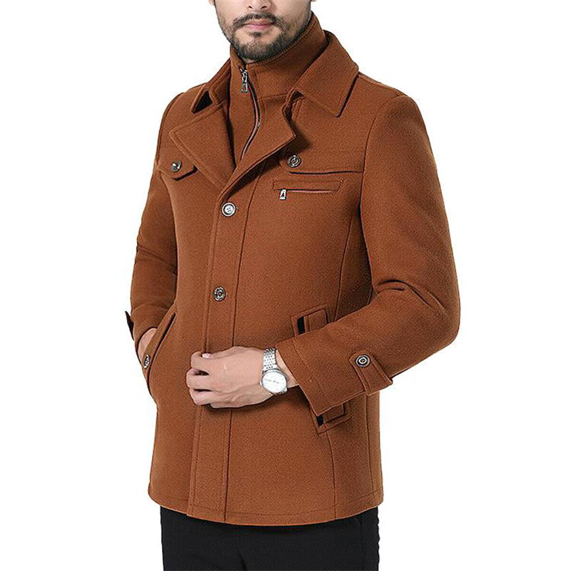 Men's Woolen Stand Collar Jacket Business Coat with Pockets