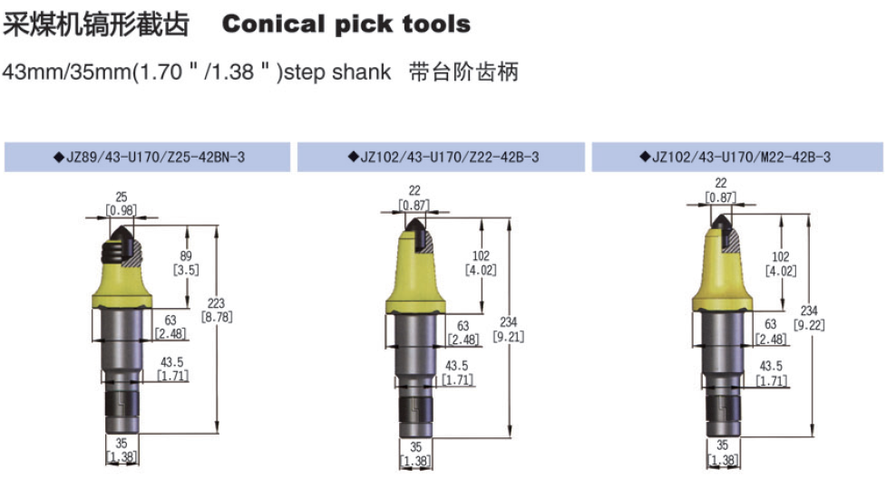 Conical pick tools step shank
