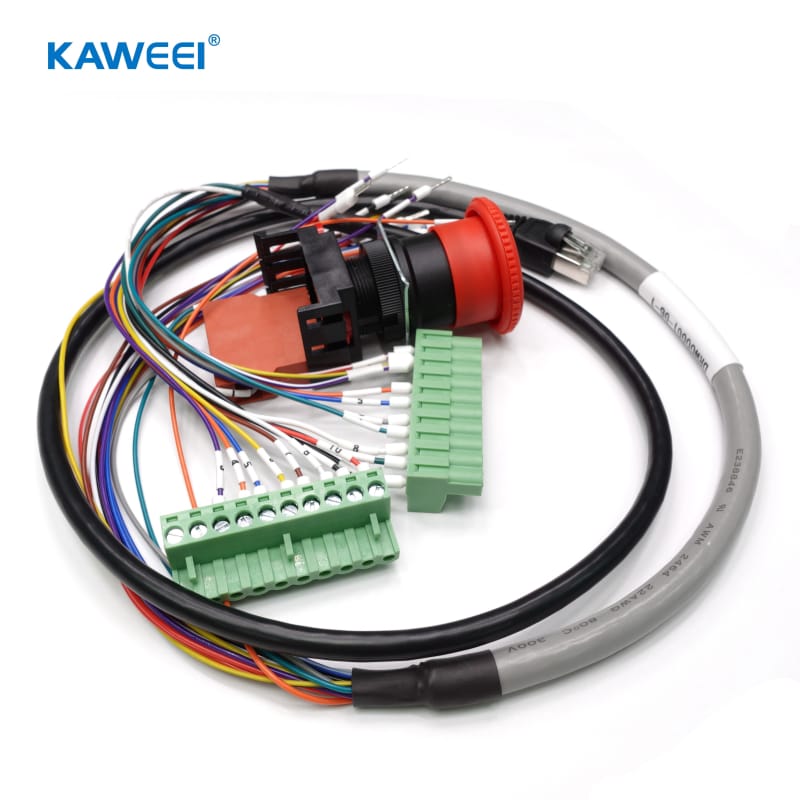 Emergency stop device to terminal block to PCB dual 8-pin RJ45 cable assembly harness for leak-proof machine equipment.