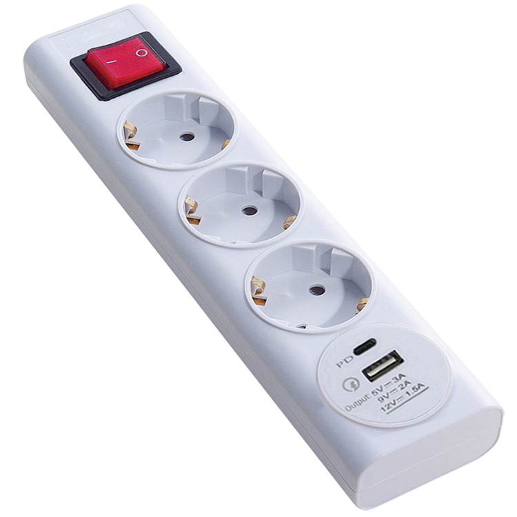 Europe Germany 3 AC Outlets and 1 USB-A and 1 Type-C Power Strip with Lighted Switch