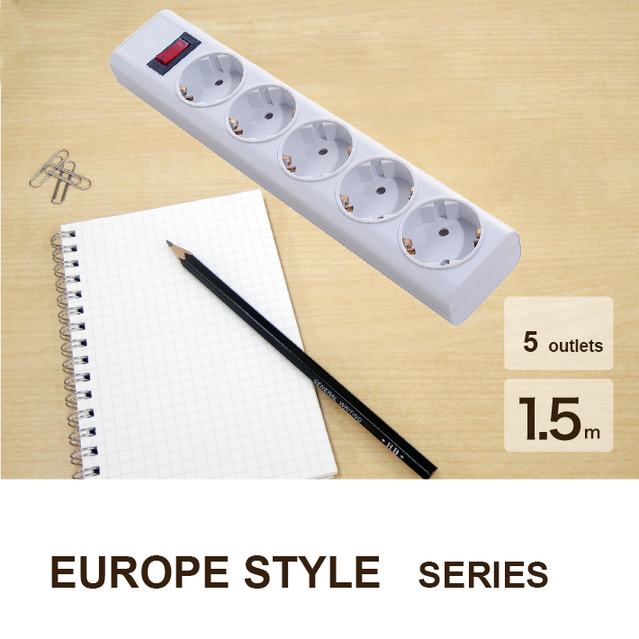 Europe Germany 5 Outlets 5 Way AC Socket Power Strip with Lighted Switch
