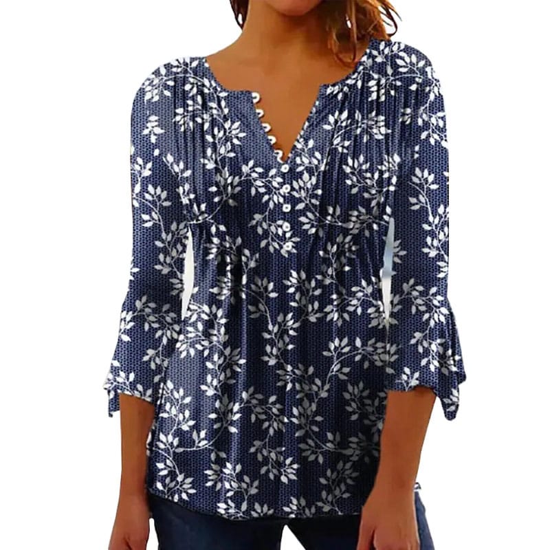 3/4  Sleeve Button V Neck Tops for Women,Women's Casual Loose Polka Dots Floral Tops Blouses Shirt