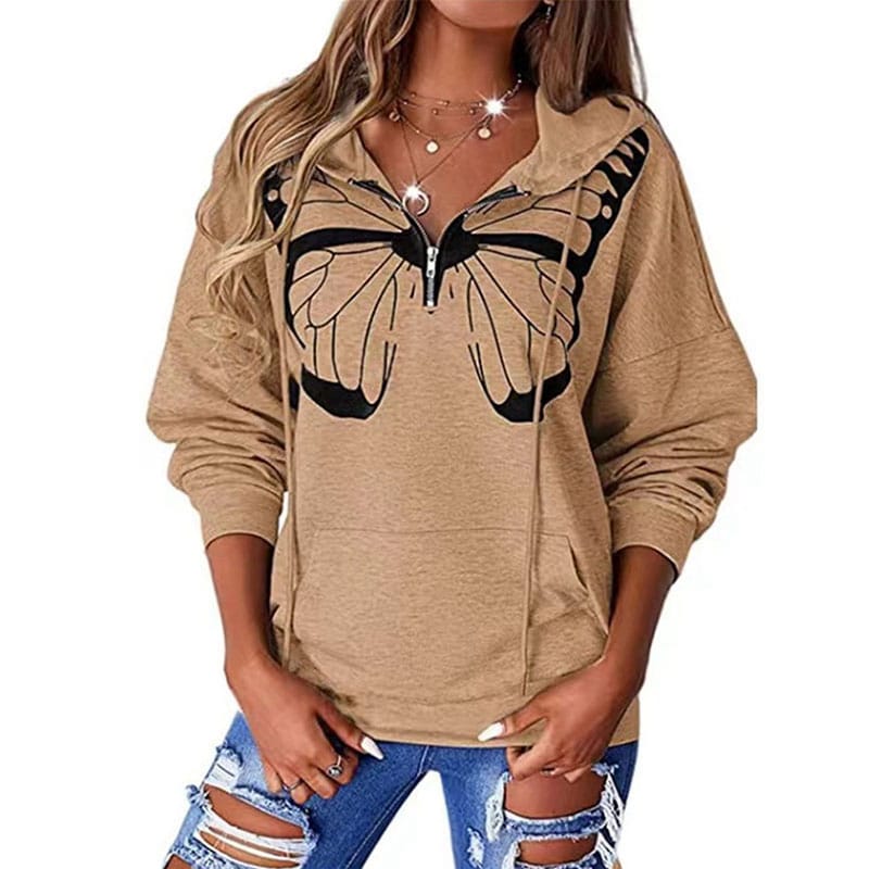 Women's Butterfly Print Drop Shoulder Half Zip Sweatshirts with Pockets