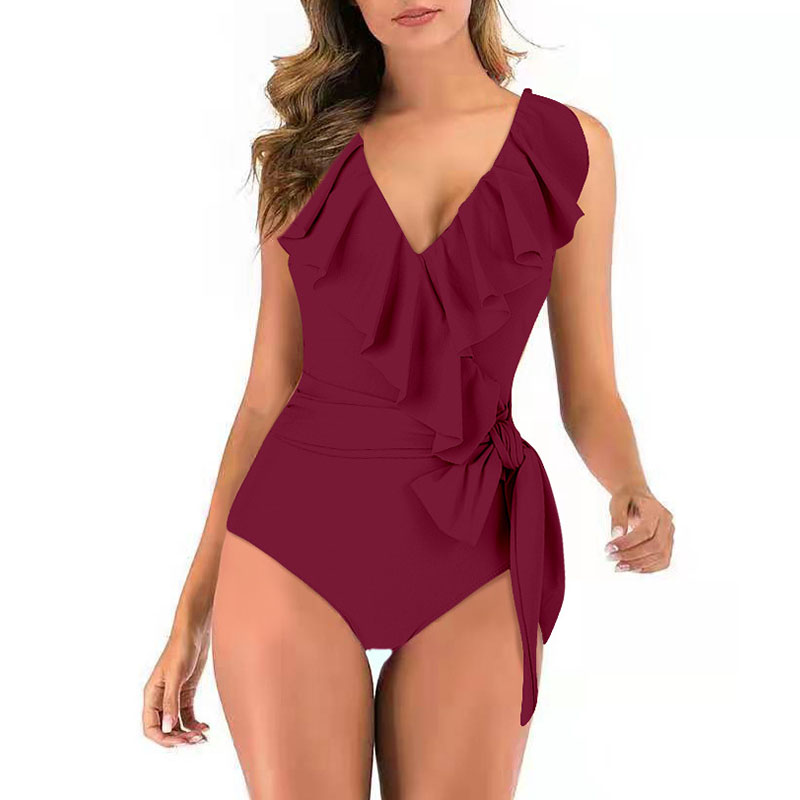 Women Ruffle One Piece Swimsuit V Neck Tummy Control Bathing Suit Wrap Monokini Swimwear