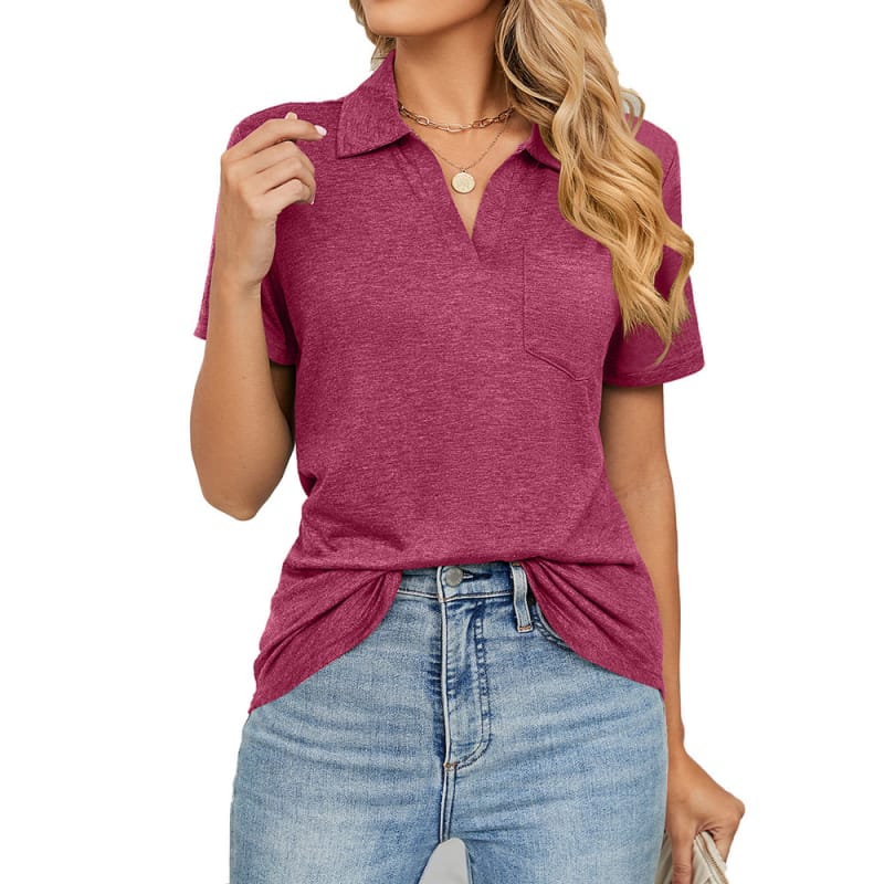 Womens V Neck Polo Shirts Short Sleeve Collared Tops Loose Casual Tunic Blouses with Pocket