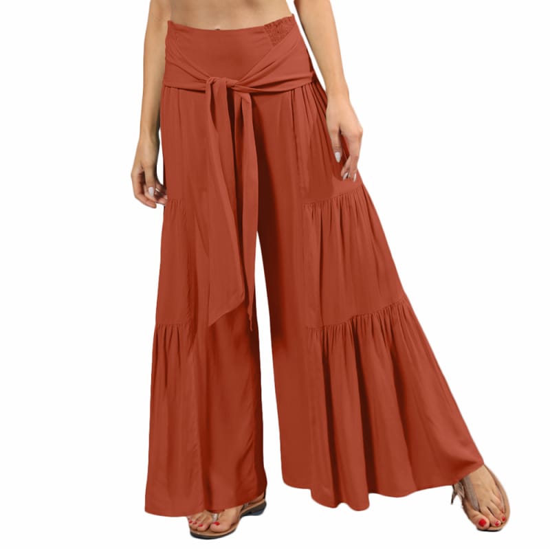  Womens Summer Palazzo Pants Pleated High Waisted Wide Leg Pants Smocked Belted Casual Trousers