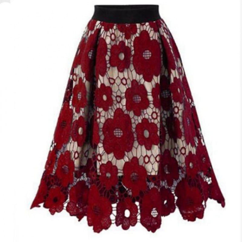 Women's Beautiful Hollow-Out Floral Lace High Waisted A-Line Midi Long Skirt