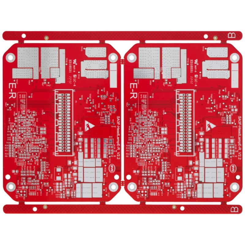 Custom 2-layer rigid PCB with red solder mask