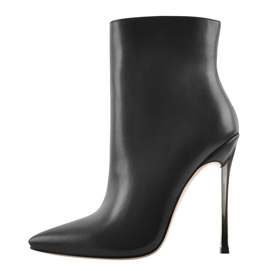 Black Matte Leather Metal High Heels Pointed Toe Ankle Boots