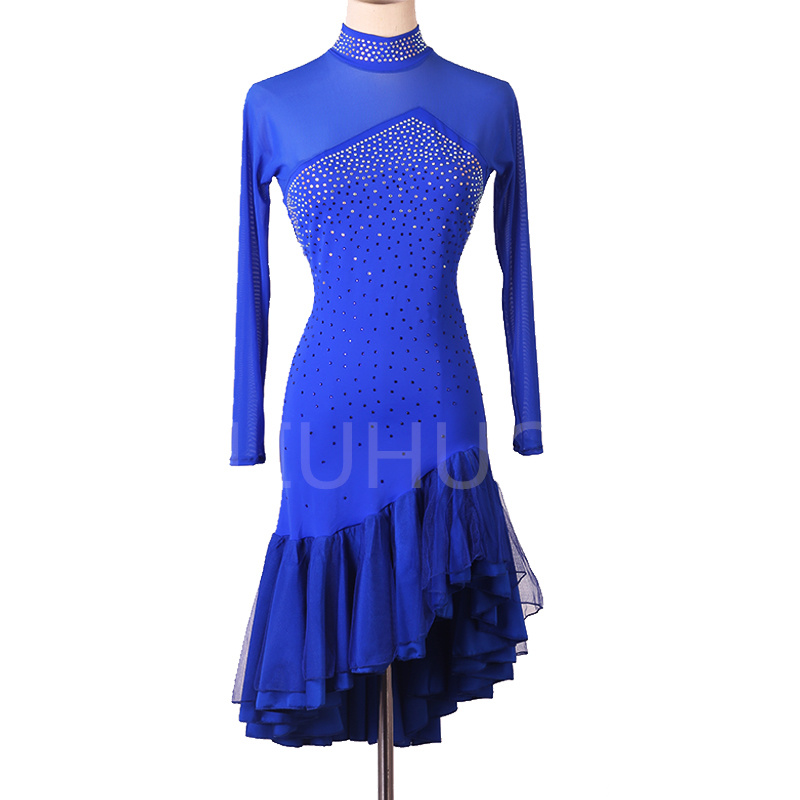 Factory Price Latin dance dress Woman adult professional  performance competition blue dress Tango Salsa Latin Dance Dress with Shorts