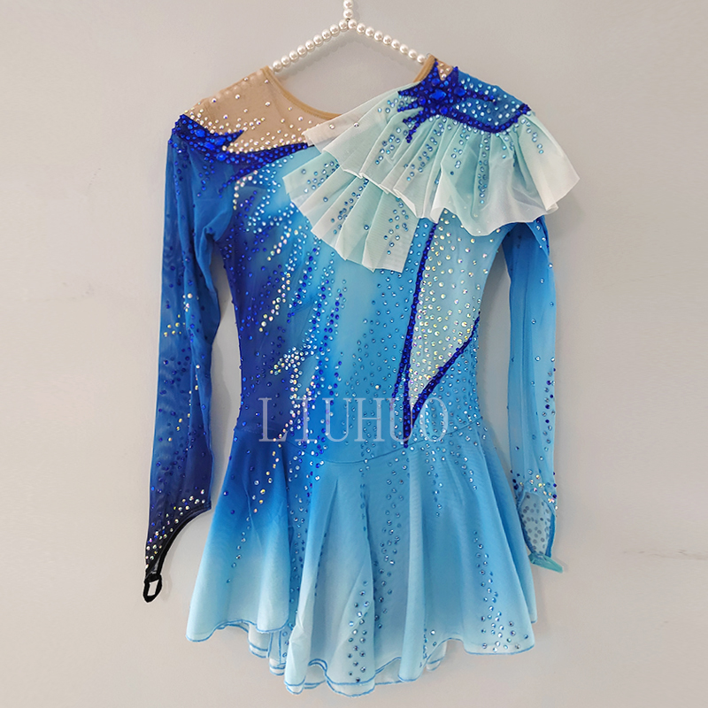 Figure Skating Dress Show Dress Custom Children Adult Competition Dress Competitive Dress Blue With Rhinestones