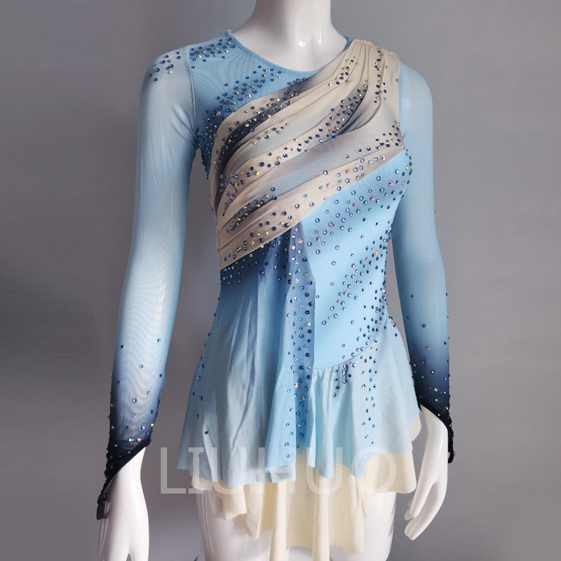 Winter light blue skating dress Figure skating show dress dance dress custom spandex mesh fabric