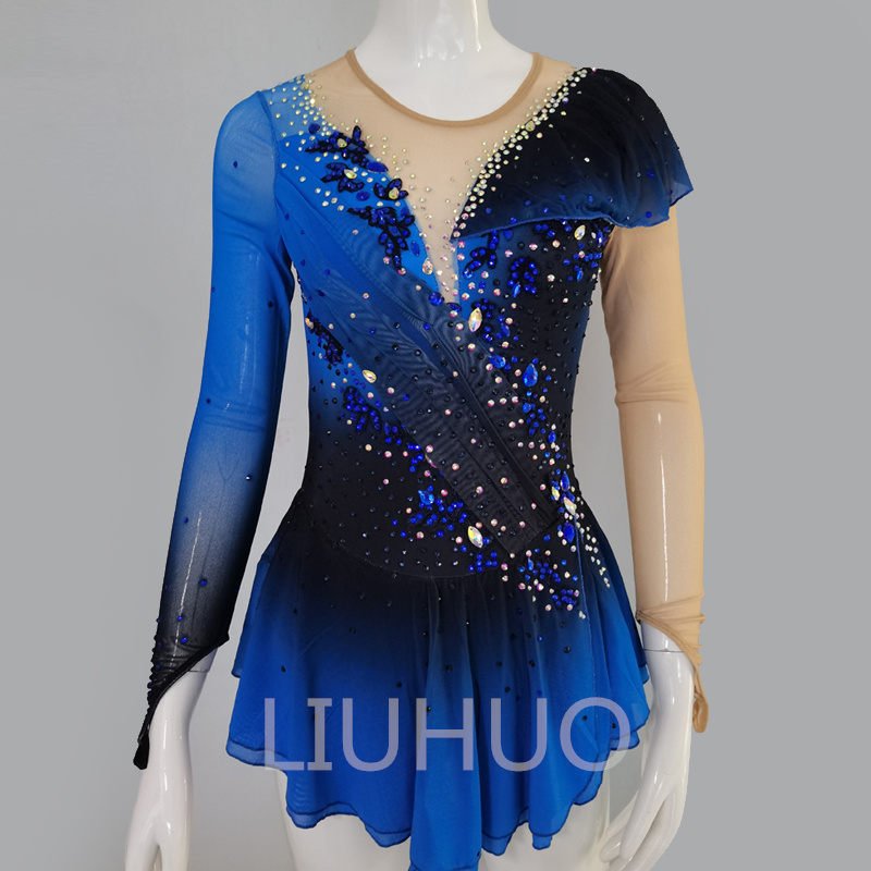 LIUHUO Figure Skating Dress Girl Blue Printed Mesh Skirt Show Competition  Training Shiny Rhinestones